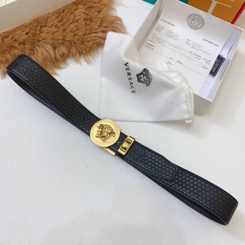 Versace Black Leather Vitello Belt Gold Medallion Buckle Banlieue91
