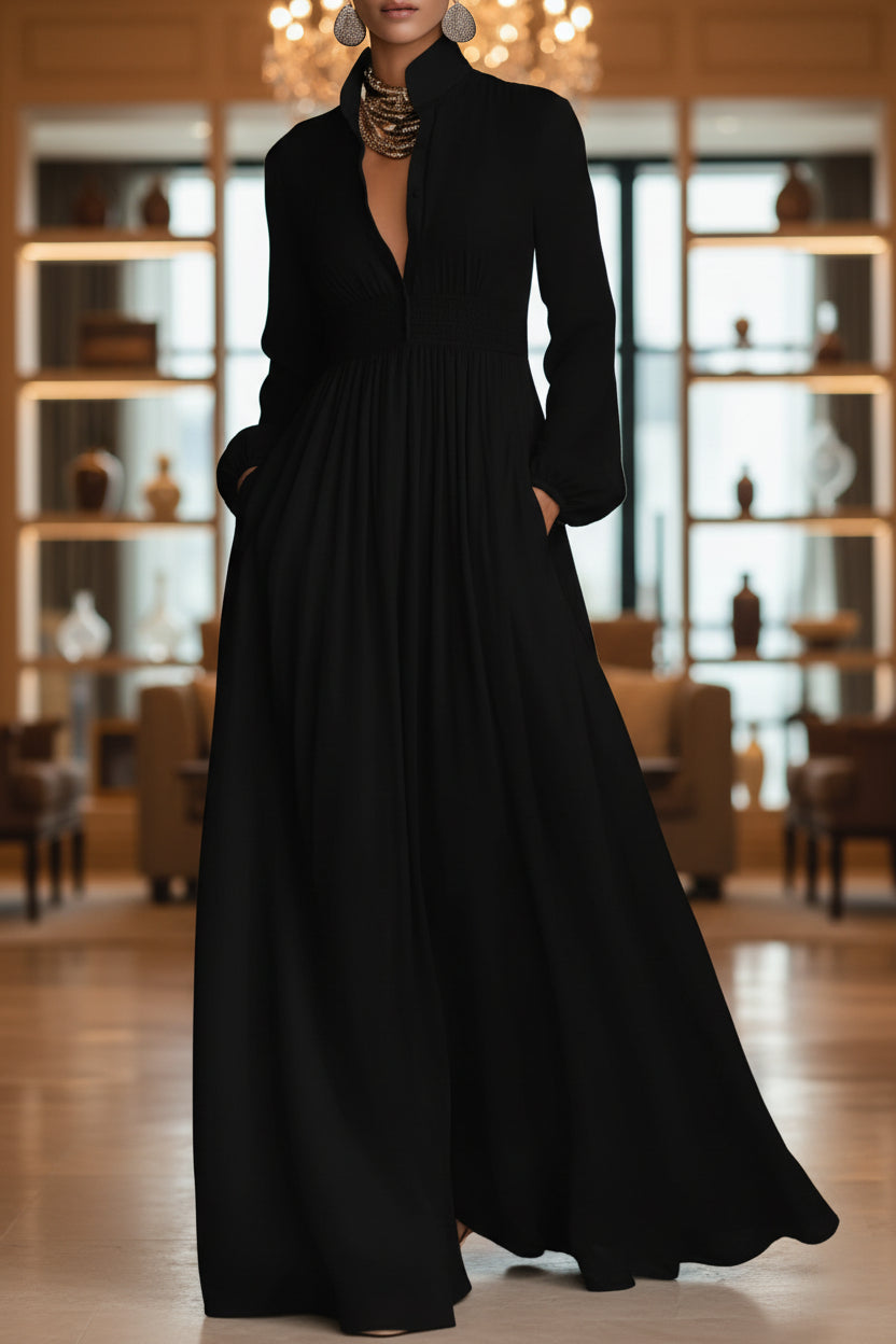 Women's French Style Long Sleeve Pleated A-Line Maxi Dress FitiqueFit