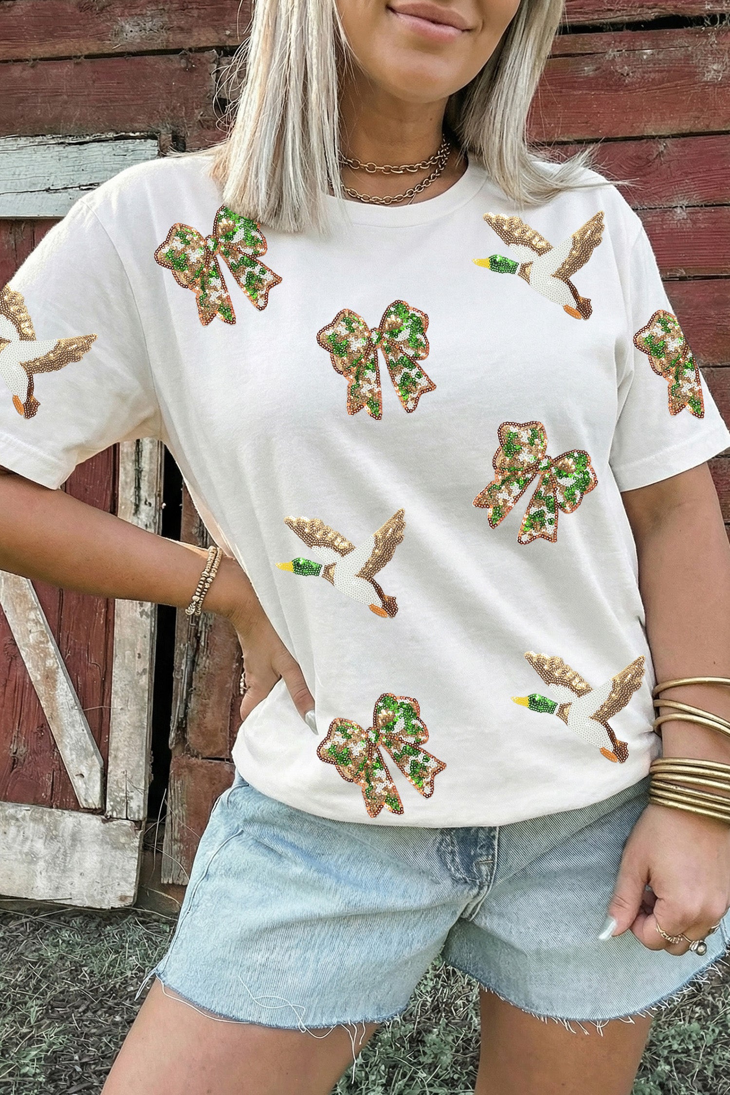 White Sequin Mallard Bow Pattern Relaxed Graphic Tee