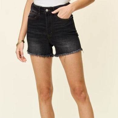 Judy Blue Full Size Tummy Control Fray Hem Women Black Shorts