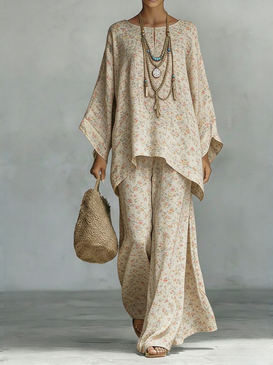 Floral Print Bamboo Linen Two-Piece Set | Wide-Leg Pants FitiqueFit