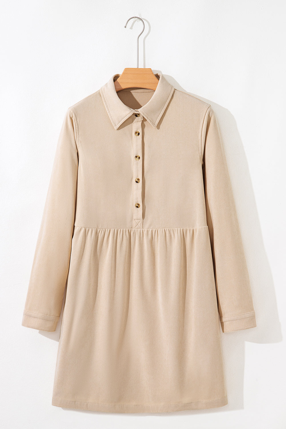 Black Corduroy Half Button Collared Long Sleeve Mini Dress