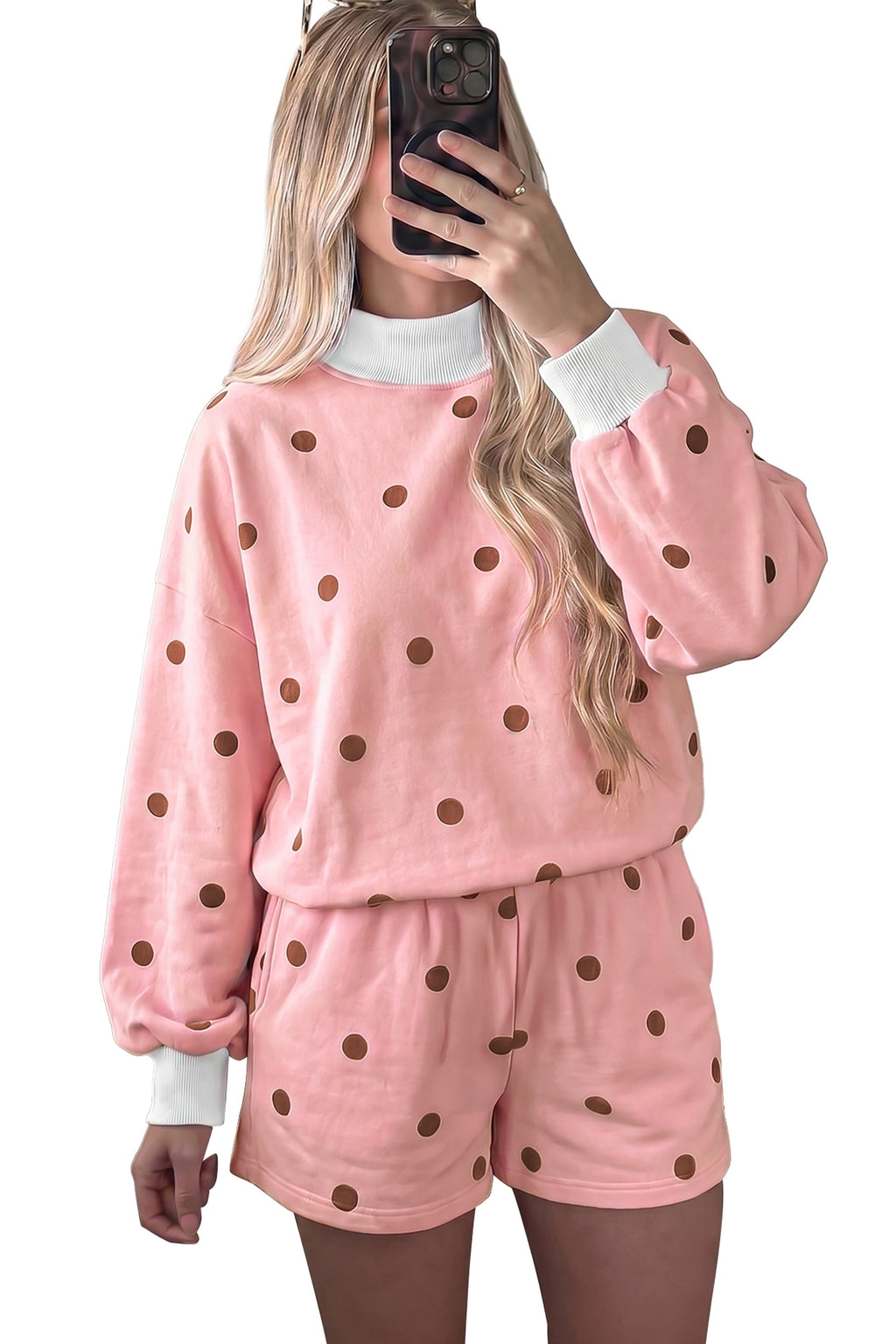 Brown Polka Dot Ribbed Trim Long Sleeve Top Casual Short Set