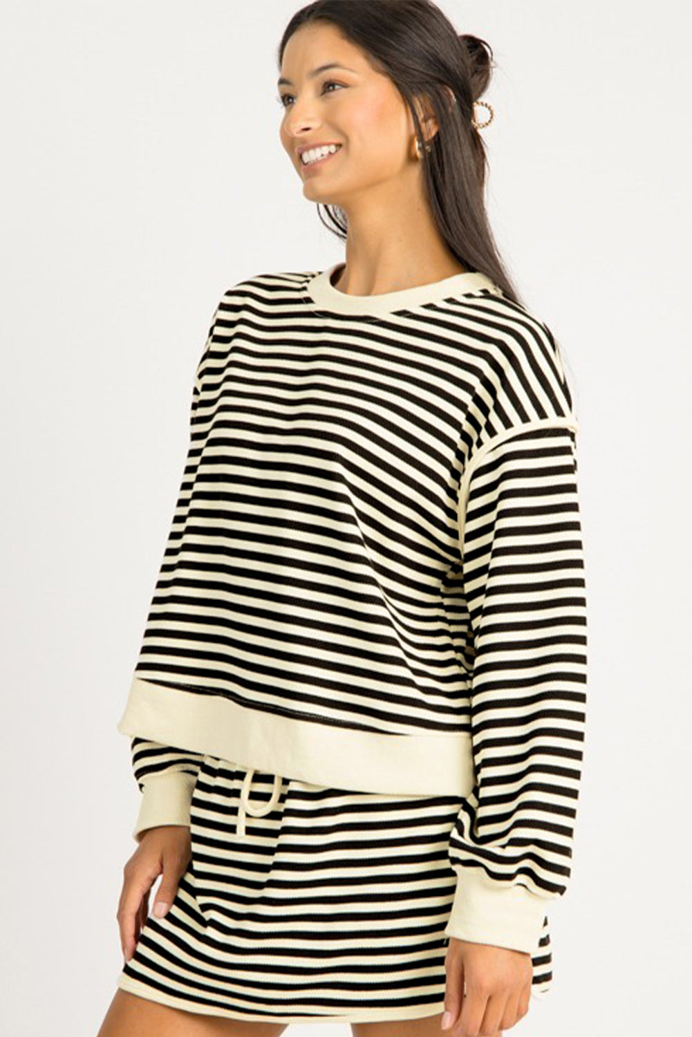 Black Stripe Textured Drop Shoulder Pullover Top Drawstring Mini Skort Two Piece Dress Set