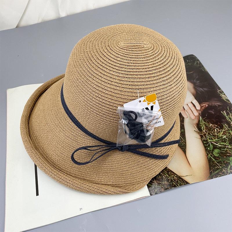 Classic Style Straw Hat Women Foldable Traveling Summer Women's Big Sun Hat Vintage Design Wide Side Straw Hat Female Summer Beach Hat Holiday Party Cap 56-58CM Stevvex