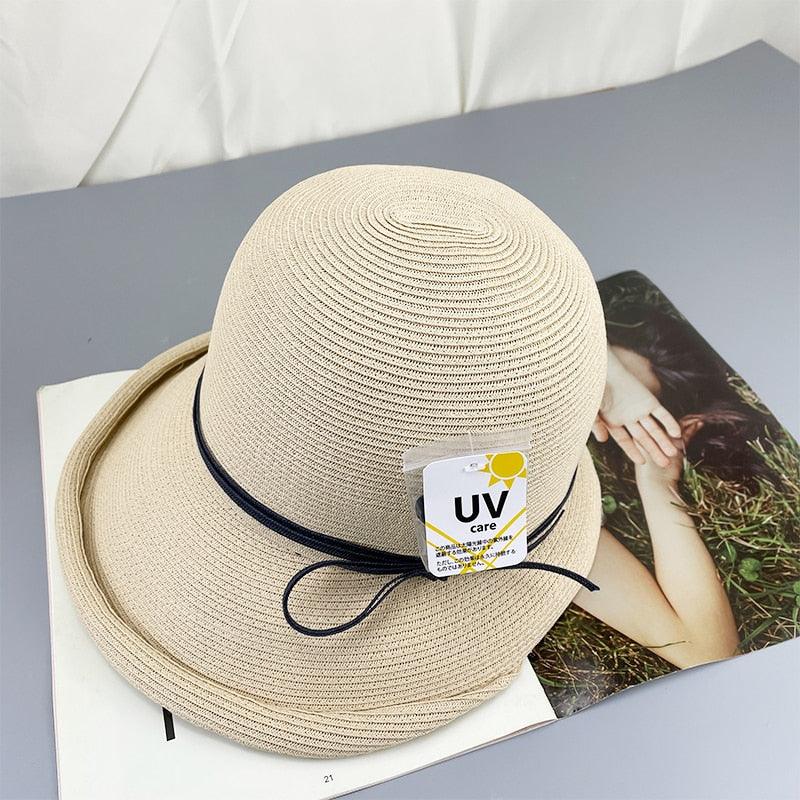 Classic Style Straw Hat Women Foldable Traveling Summer Women's Big Sun Hat Vintage Design Wide Side Straw Hat Female Summer Beach Hat Holiday Party Cap 56-58CM Stevvex