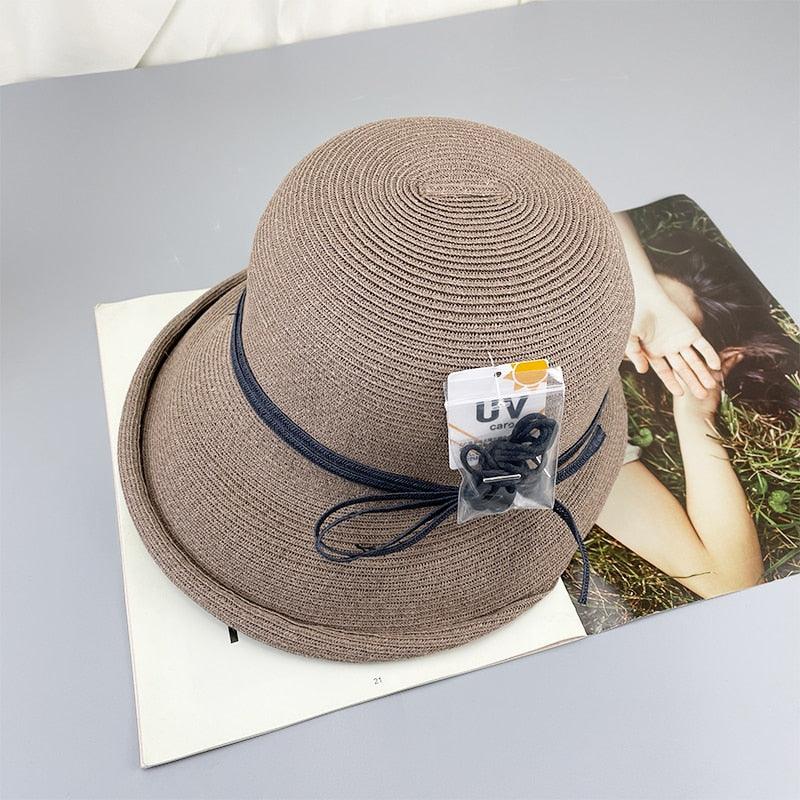 Classic Style Straw Hat Women Foldable Traveling Summer Women's Big Sun Hat Vintage Design Wide Side Straw Hat Female Summer Beach Hat Holiday Party Cap 56-58CM Stevvex
