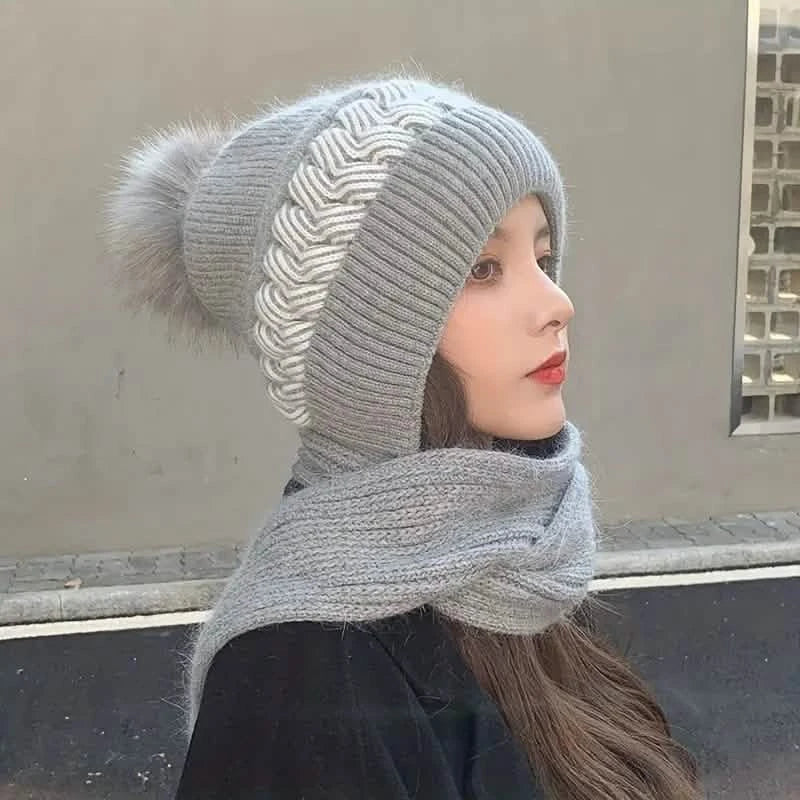 Coldproof Warm Beanie With Pom Classic Hooded Scarf Elastic Knit Hats Warm Beanies DailySale