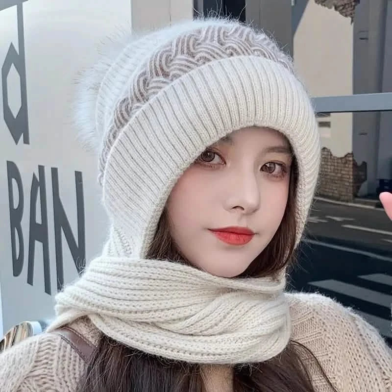 Coldproof Warm Beanie With Pom Classic Hooded Scarf Elastic Knit Hats Warm Beanies DailySale