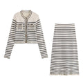 Color blocking striped women's knitted sweater top+striped hollow knitted skirt set for women