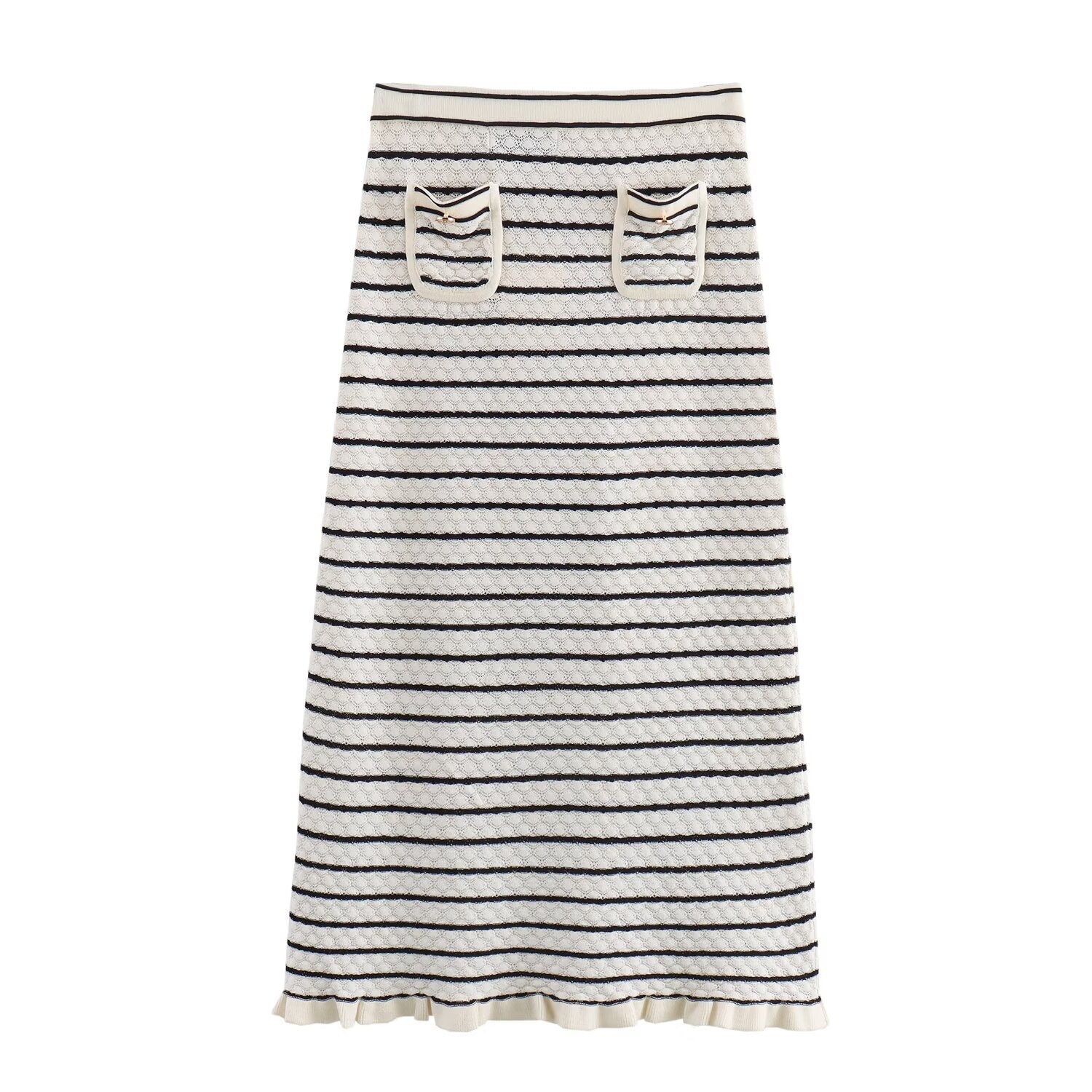 Color blocking striped women's knitted sweater top+striped hollow knitted skirt set for women