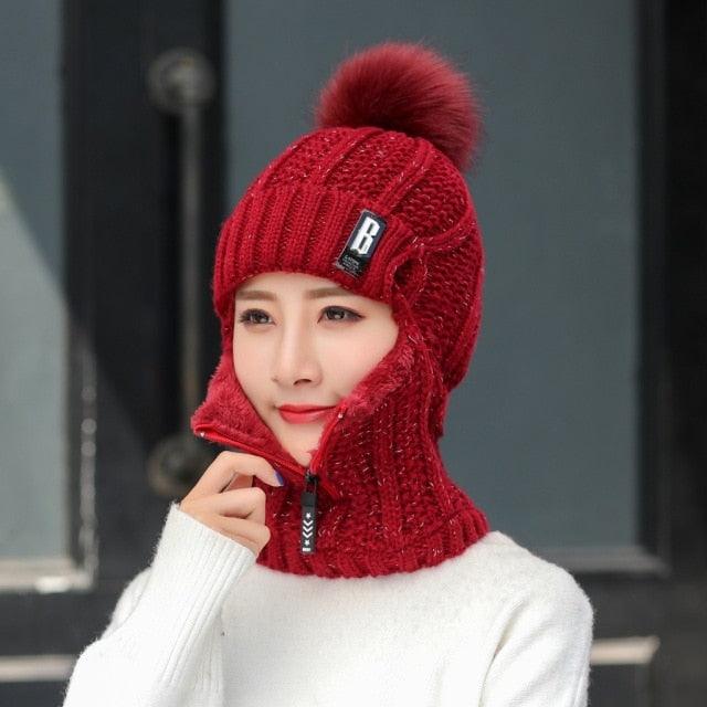 Coral Fleece Winter Women Knitted Hats Add Fur Warm Winter Hats For Women With Zipper Keep Face Warmer Balaclava Pompoms Cap Balaclava Gorgas Bonnet Knitted Hat Windproof Ski Mask Cold Weather Face Mask Motorcycle Balaclava Hood Warmer Winter Sports Cap Stevvex