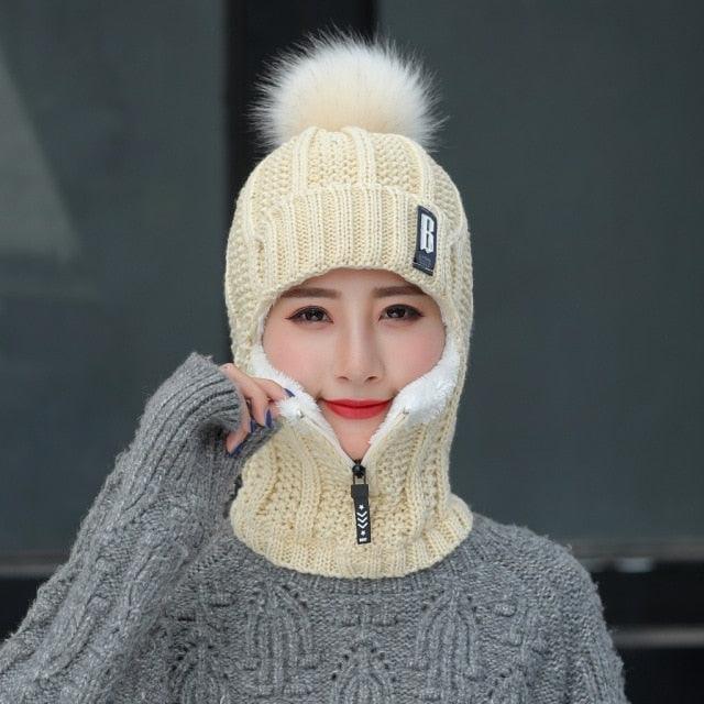 Coral Fleece Winter Women Knitted Hats Add Fur Warm Winter Hats For Women With Zipper Keep Face Warmer Balaclava Pompoms Cap Balaclava Gorgas Bonnet Knitted Hat Windproof Ski Mask Cold Weather Face Mask Motorcycle Balaclava Hood Warmer Winter Sports Cap Stevvex