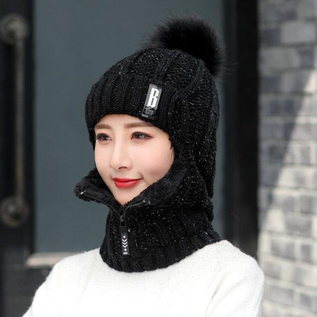 Coral Fleece Winter Women Knitted Hats Add Fur Warm Winter Hats For Women With Zipper Keep Face Warmer Balaclava Pompoms Cap Balaclava Gorgas Bonnet Knitted Hat Windproof Ski Mask Cold Weather Face Mask Motorcycle Balaclava Hood Warmer Winter Sports Cap Stevvex