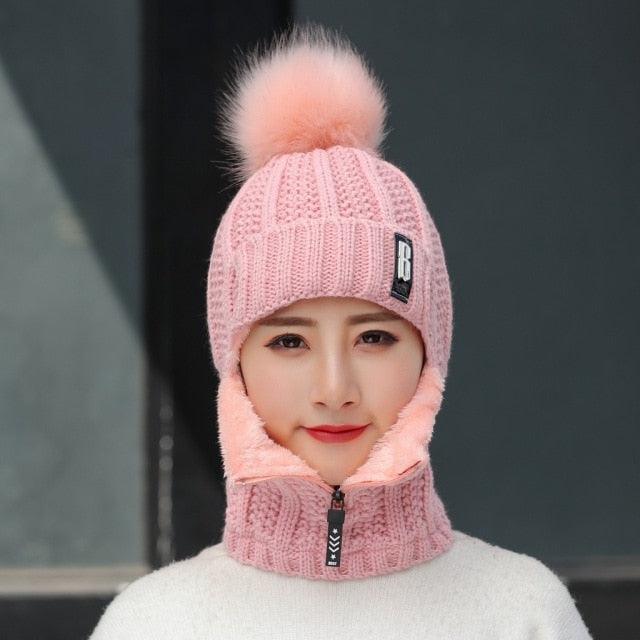 Coral Fleece Winter Women Knitted Hats Add Fur Warm Winter Hats For Women With Zipper Keep Face Warmer Balaclava Pompoms Cap Balaclava Gorgas Bonnet Knitted Hat Windproof Ski Mask Cold Weather Face Mask Motorcycle Balaclava Hood Warmer Winter Sports Cap Stevvex