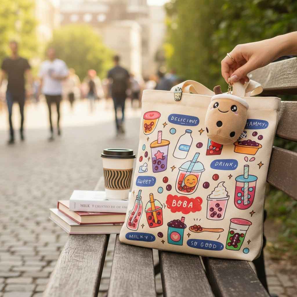 Bubble Tea Tote Bag Gift Set – Boba Bag with Keychain & Pin Dashing Nova