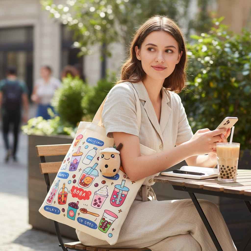 Bubble Tea Tote Bag Gift Set – Boba Bag with Keychain & Pin Dashing Nova