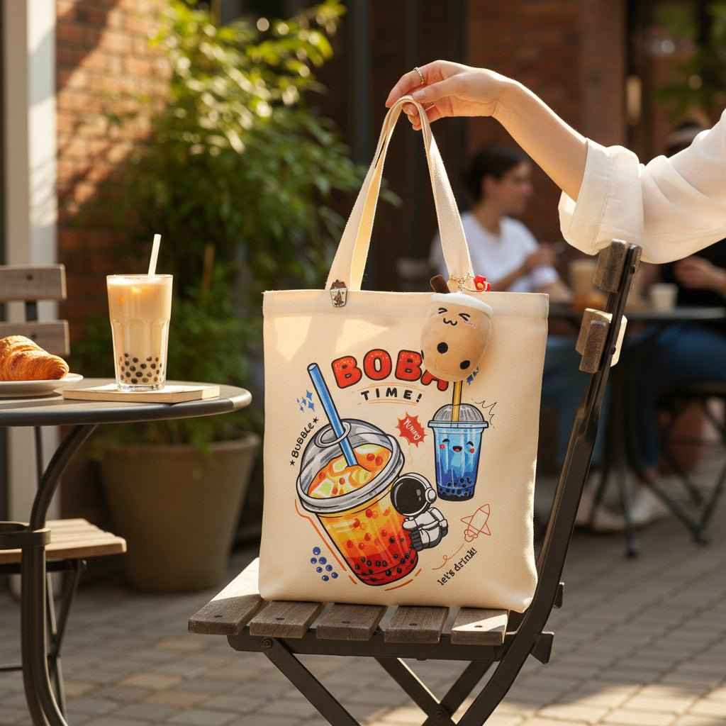 Bubble Tea Tote Bag Gift Set – Boba Bag with Keychain & Pin Dashing Nova
