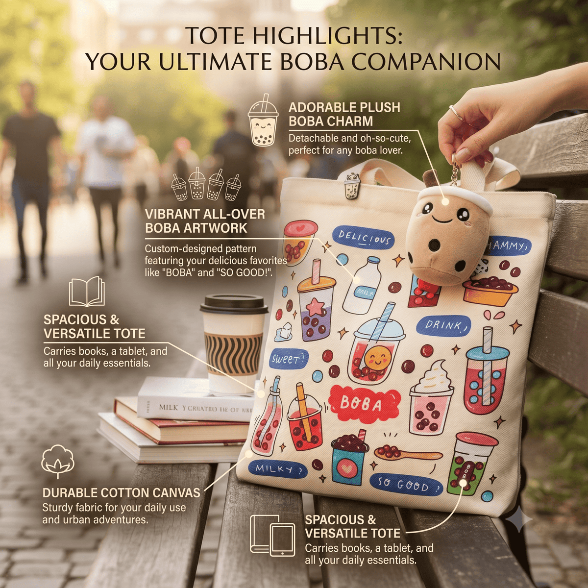 Bubble Tea Tote Bag Gift Set – Boba Bag with Keychain & Pin Dashing Nova