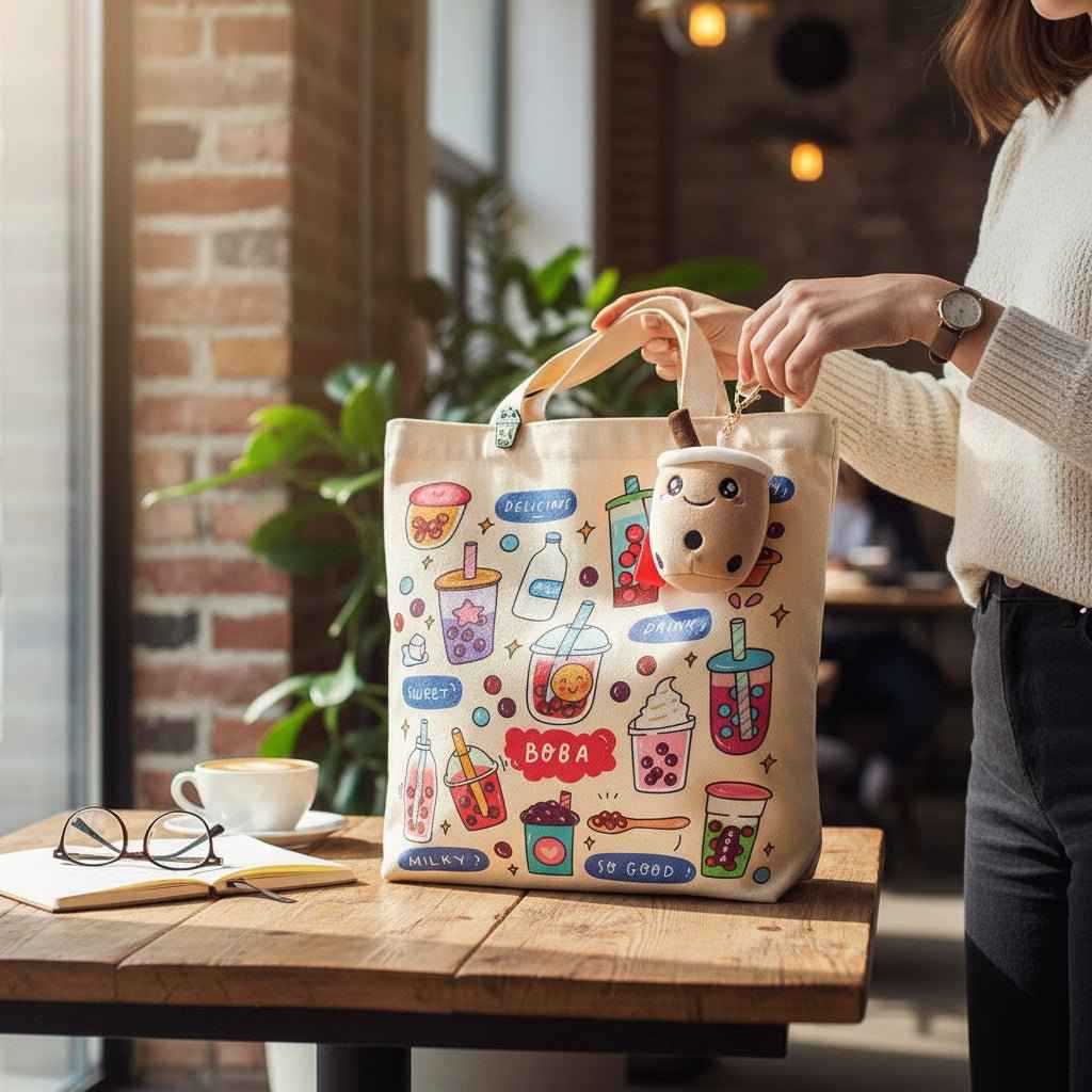 Bubble Tea Tote Bag Gift Set – Boba Bag with Keychain & Pin Dashing Nova