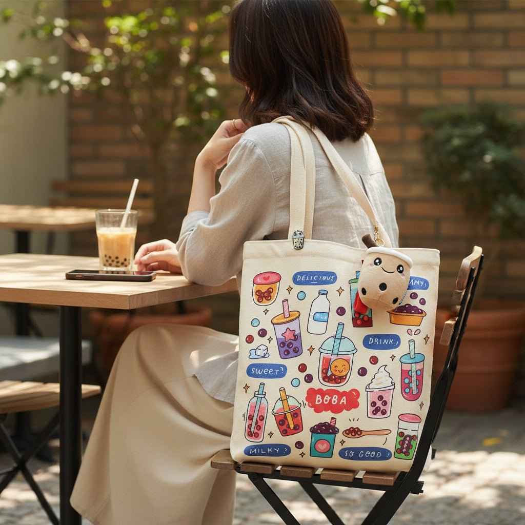 Bubble Tea Tote Bag Gift Set – Boba Bag with Keychain & Pin Dashing Nova