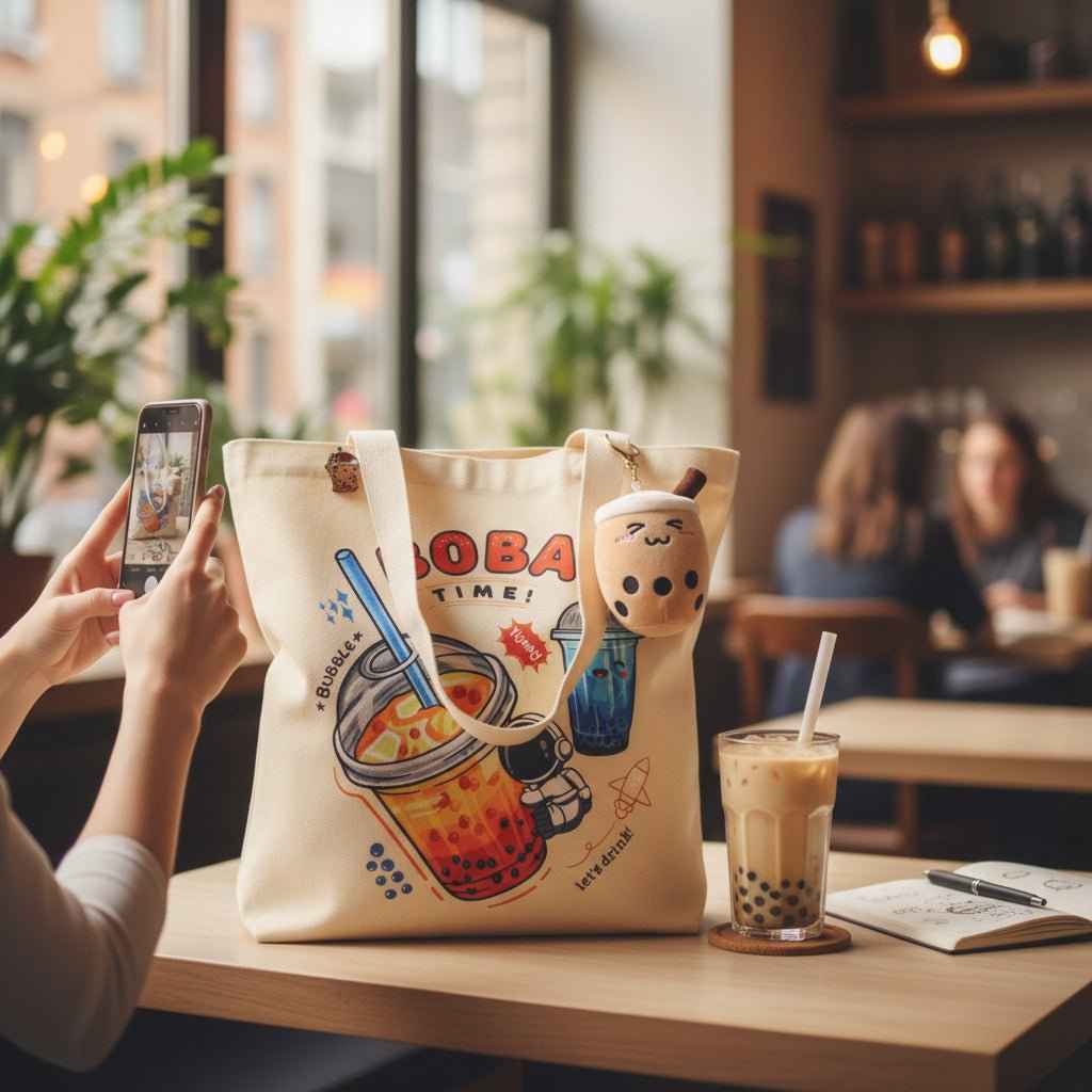 Bubble Tea Tote Bag Gift Set – Boba Bag with Keychain & Pin Dashing Nova