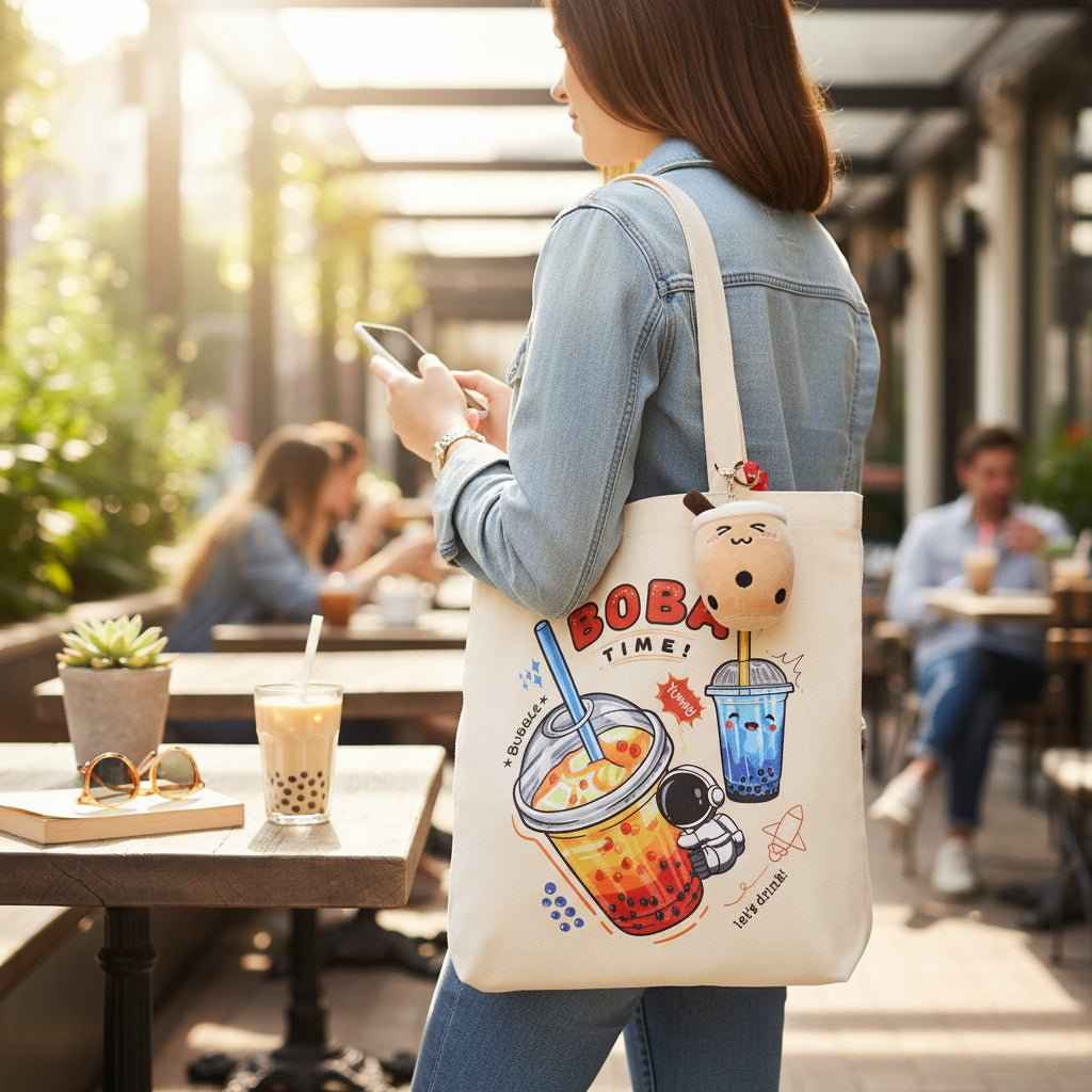 Bubble Tea Tote Bag Gift Set – Boba Bag with Keychain & Pin Dashing Nova
