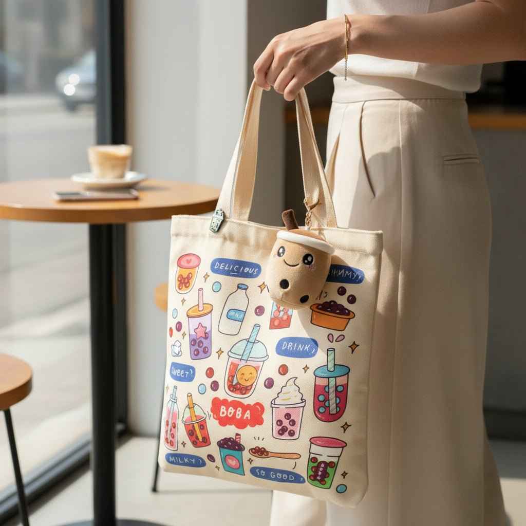 Bubble Tea Tote Bag Gift Set – Boba Bag with Keychain & Pin Dashing Nova
