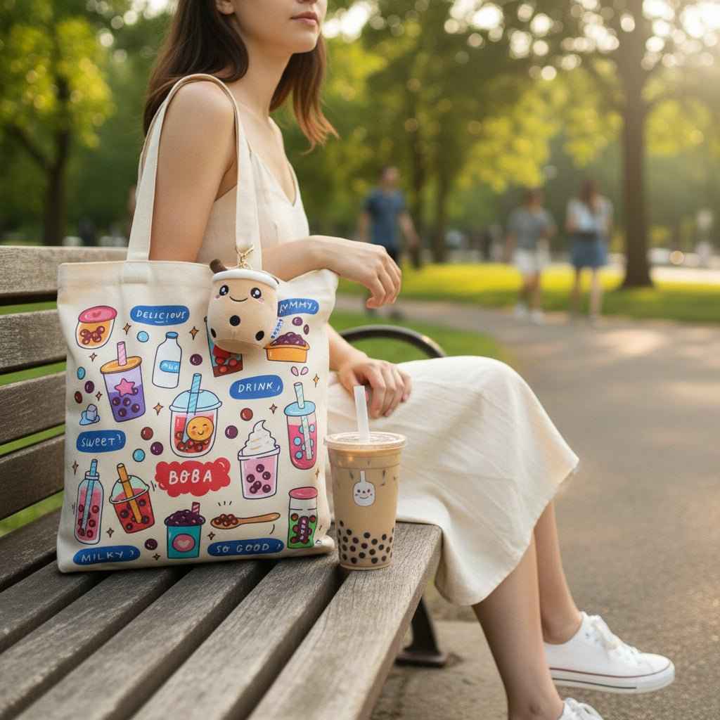 Bubble Tea Tote Bag Gift Set – Boba Bag with Keychain & Pin Dashing Nova