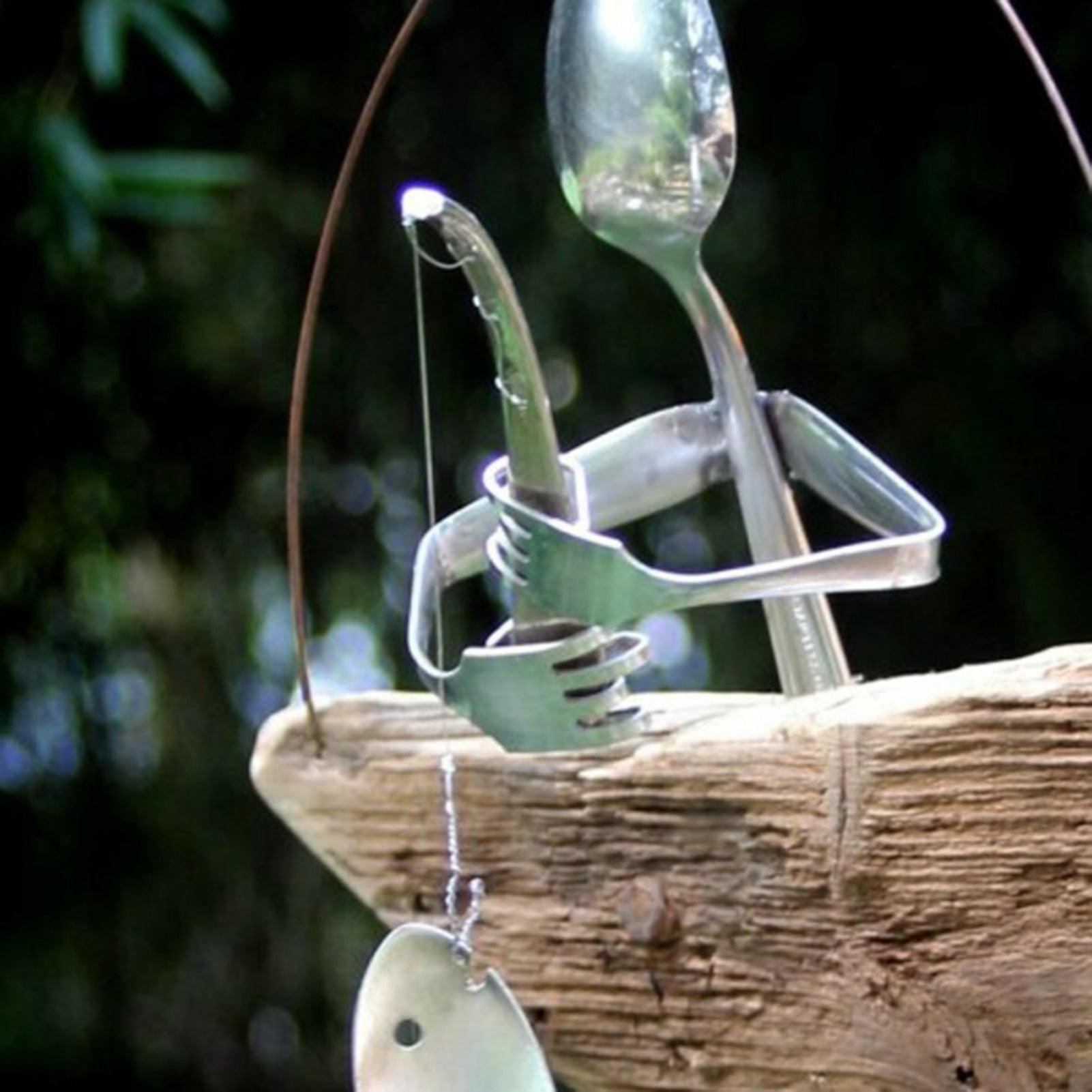 Creative Fishing Man Spoon Fish Sculptures Wind Chime Home Bedroom Painted Fish Mobile Tropical Fish Home Decor  Yard Garden Hanging Ornament Decoration