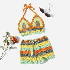 Crochet Bikini Sets Multi Color Knitted Rainbow Striped Off Shoulder Top Bottom Bikini Women's Crochet Striped Lace Up  Shorts Bikini Set 2 PCS Knit Bathing Suit Swimsuit Beachwear Bathing Suit Women Swimsuit Stevvex