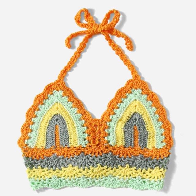 Crochet Bikini Sets Multi Color Knitted Rainbow Striped Off Shoulder Top Bottom Bikini Women's Crochet Striped Lace Up  Shorts Bikini Set 2 PCS Knit Bathing Suit Swimsuit Beachwear Bathing Suit Women Swimsuit Stevvex