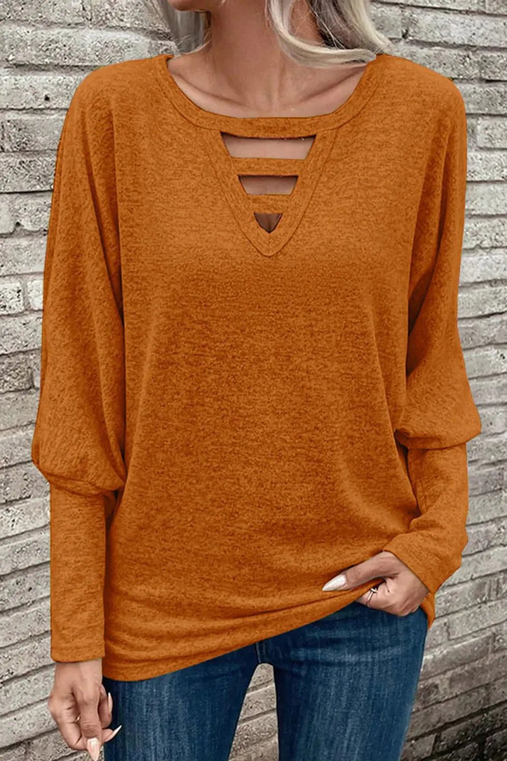 Cutout Round Neck Long Sleeve T-Shirt V.I.P Digital Presence
