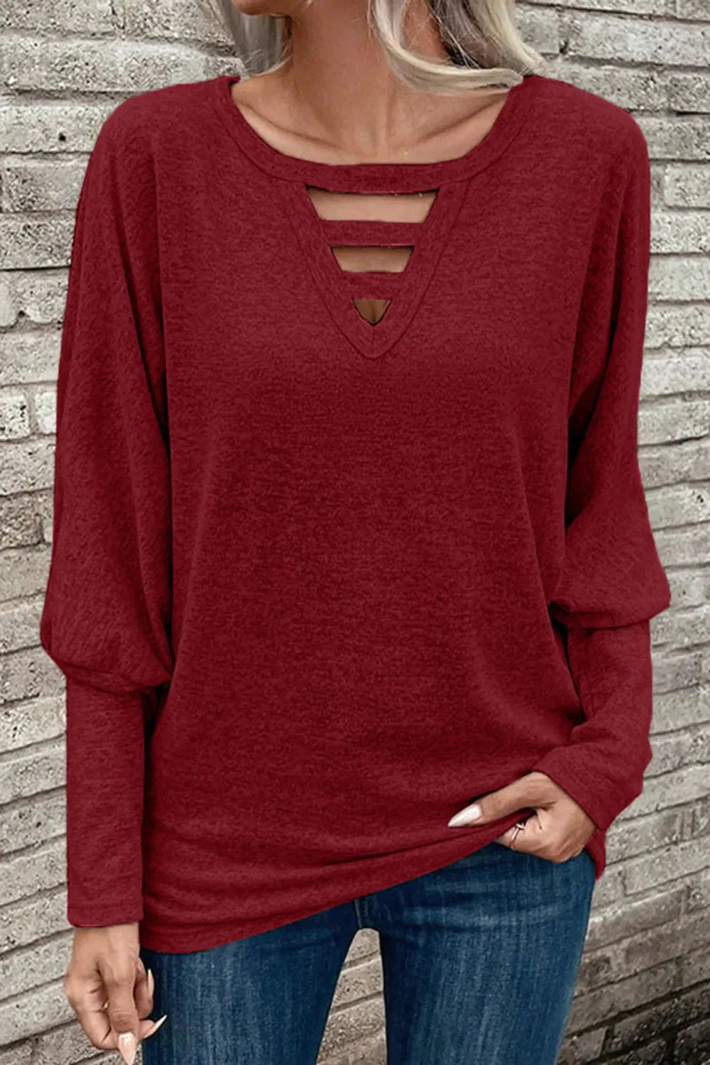 Cutout Round Neck Long Sleeve T-Shirt V.I.P Digital Presence