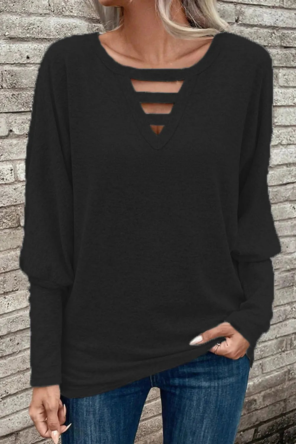 Cutout Round Neck Long Sleeve T-Shirt V.I.P Digital Presence