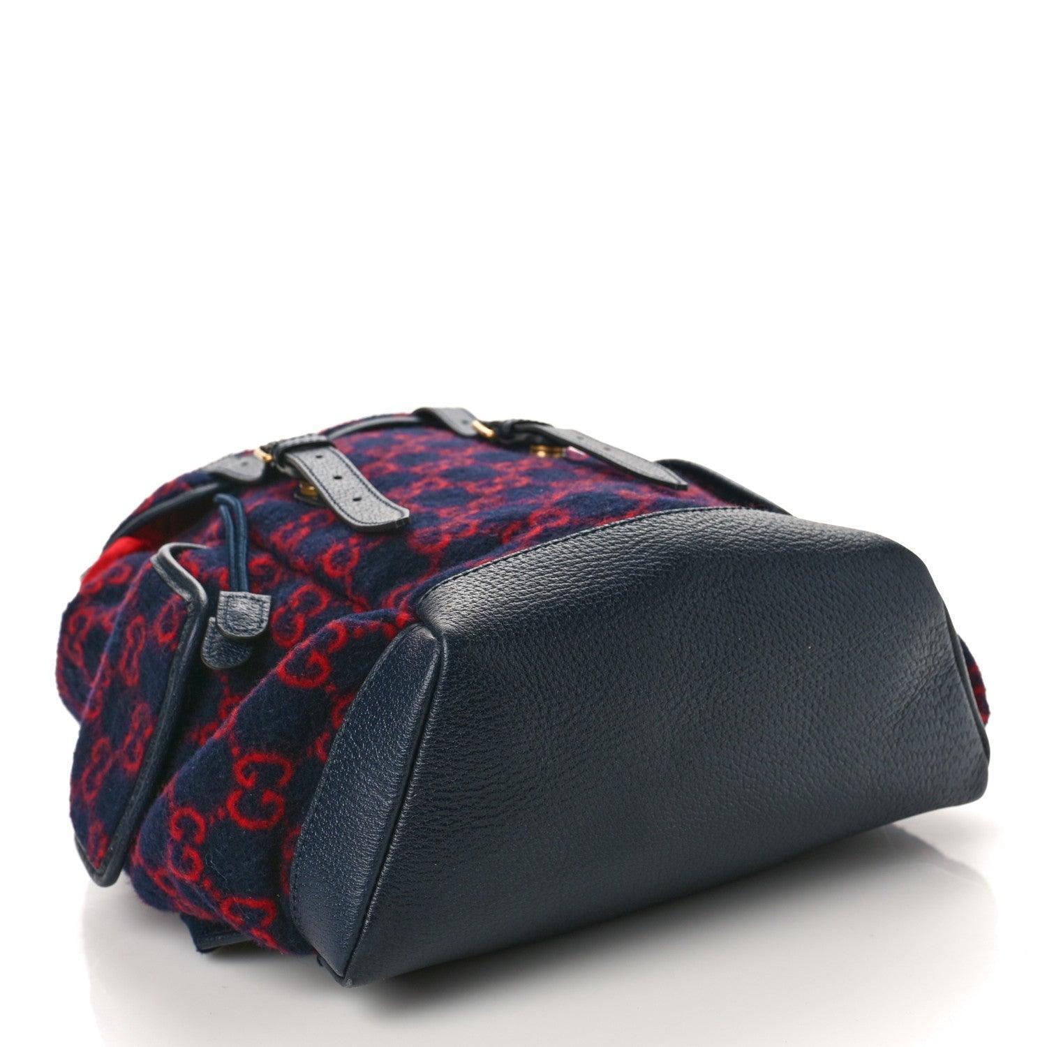 Gucci Covered Wool GG Monogram Small Double Buckle Backpack Navy Red Banlieue91