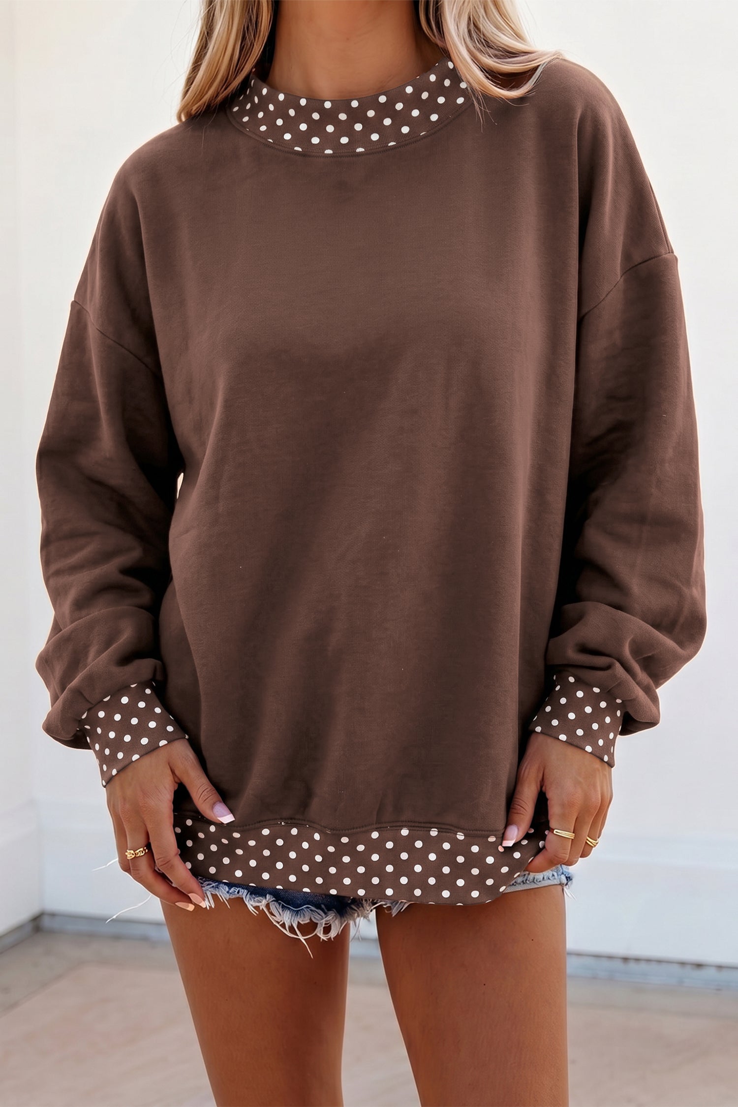 Brown Colorblock Polka Dot Contrast Trim Oversized Sweatshirt