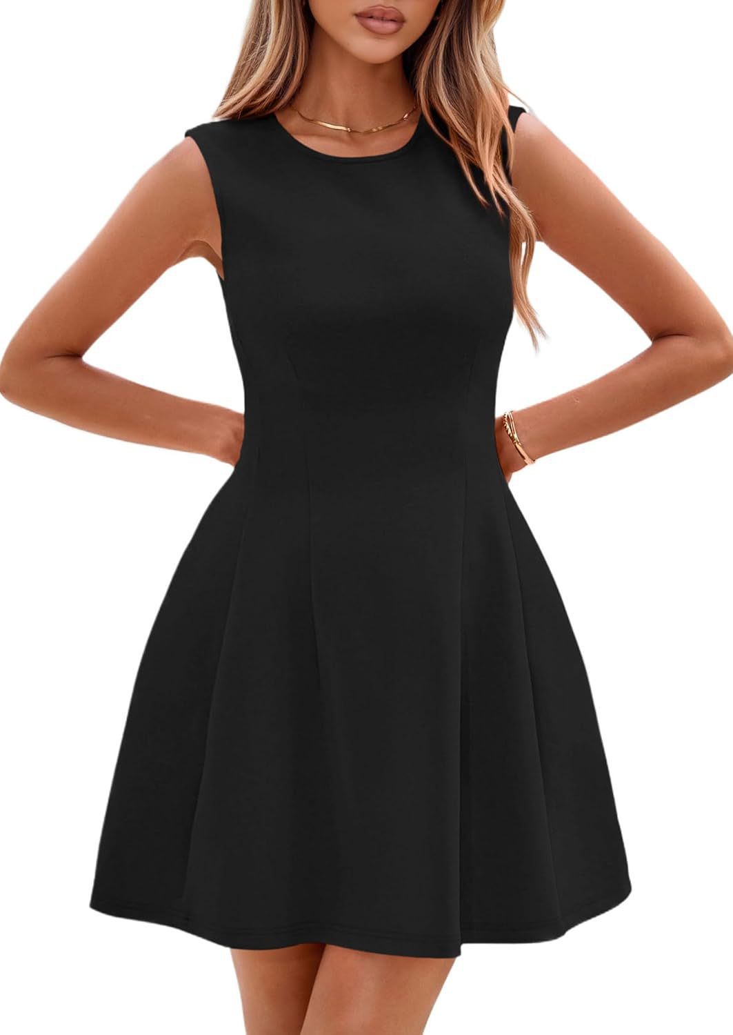 Sleeveless Solid Color Pleated Dress | Flared Midi Casual FitiqueFit