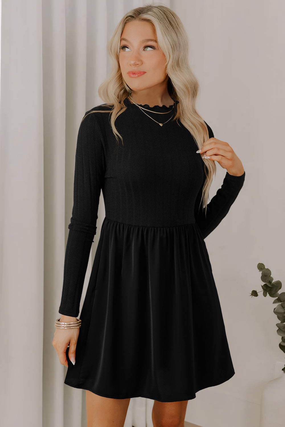 Red Dahlia Frilled Neck Ribbed Knit Patchwork Long Sleeve Mini Dress