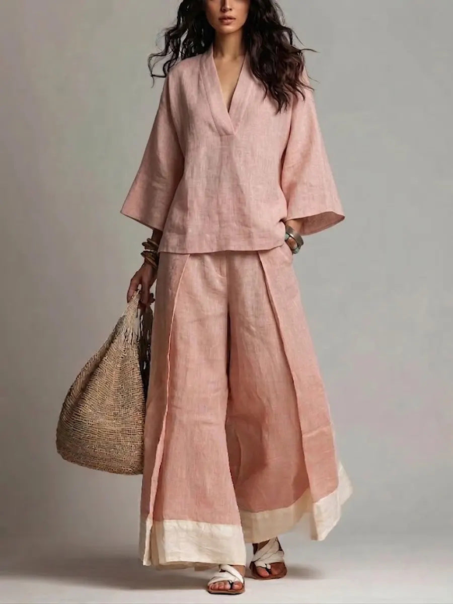 Women's Cotton-Linen V-Neck 3/4 Sleeve Shirt & Wide-Leg Pants Set FitiqueFit