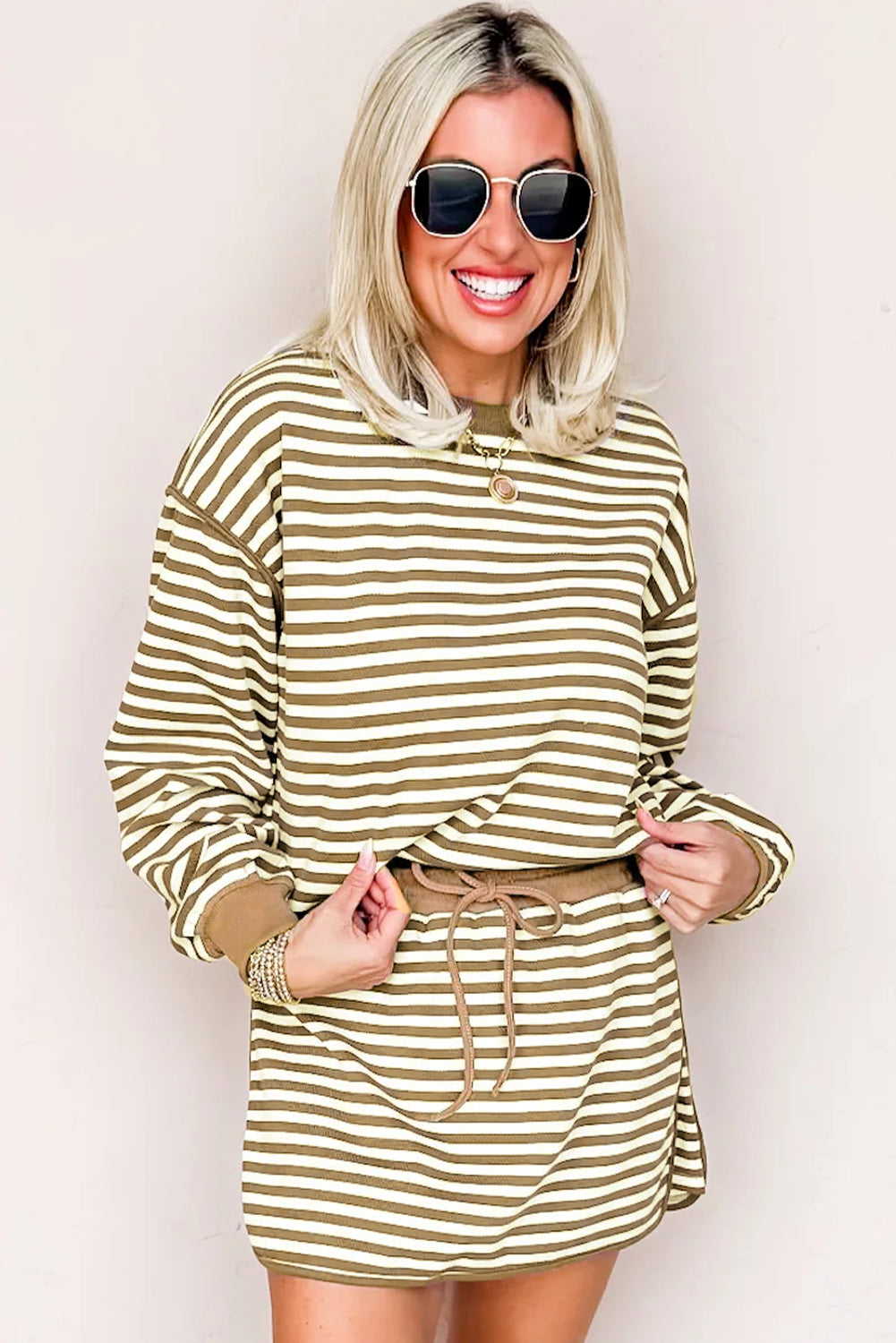 Black Stripe Textured Drop Shoulder Pullover Top Drawstring Mini Skort Two Piece Dress Set
