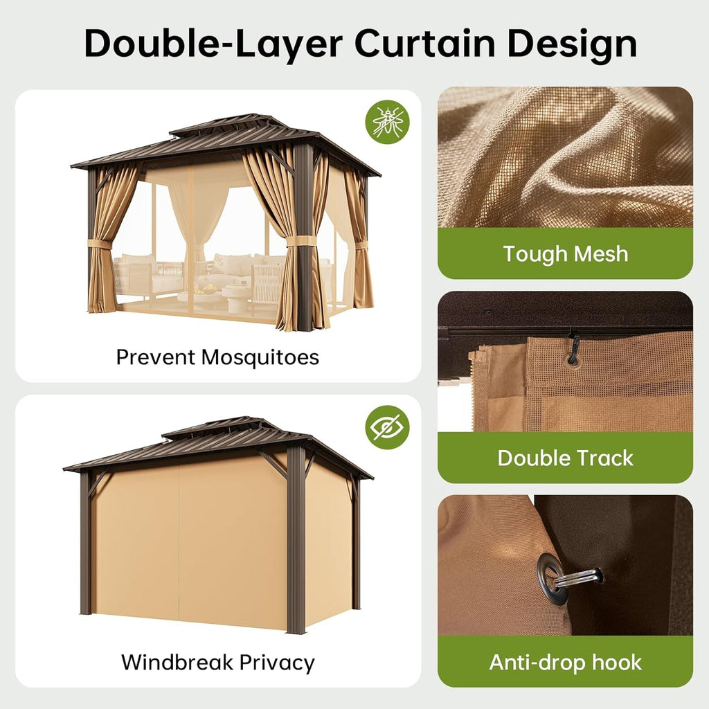10x12Ft Hardtop Gazebo Brown Outdoor Patio Durable
