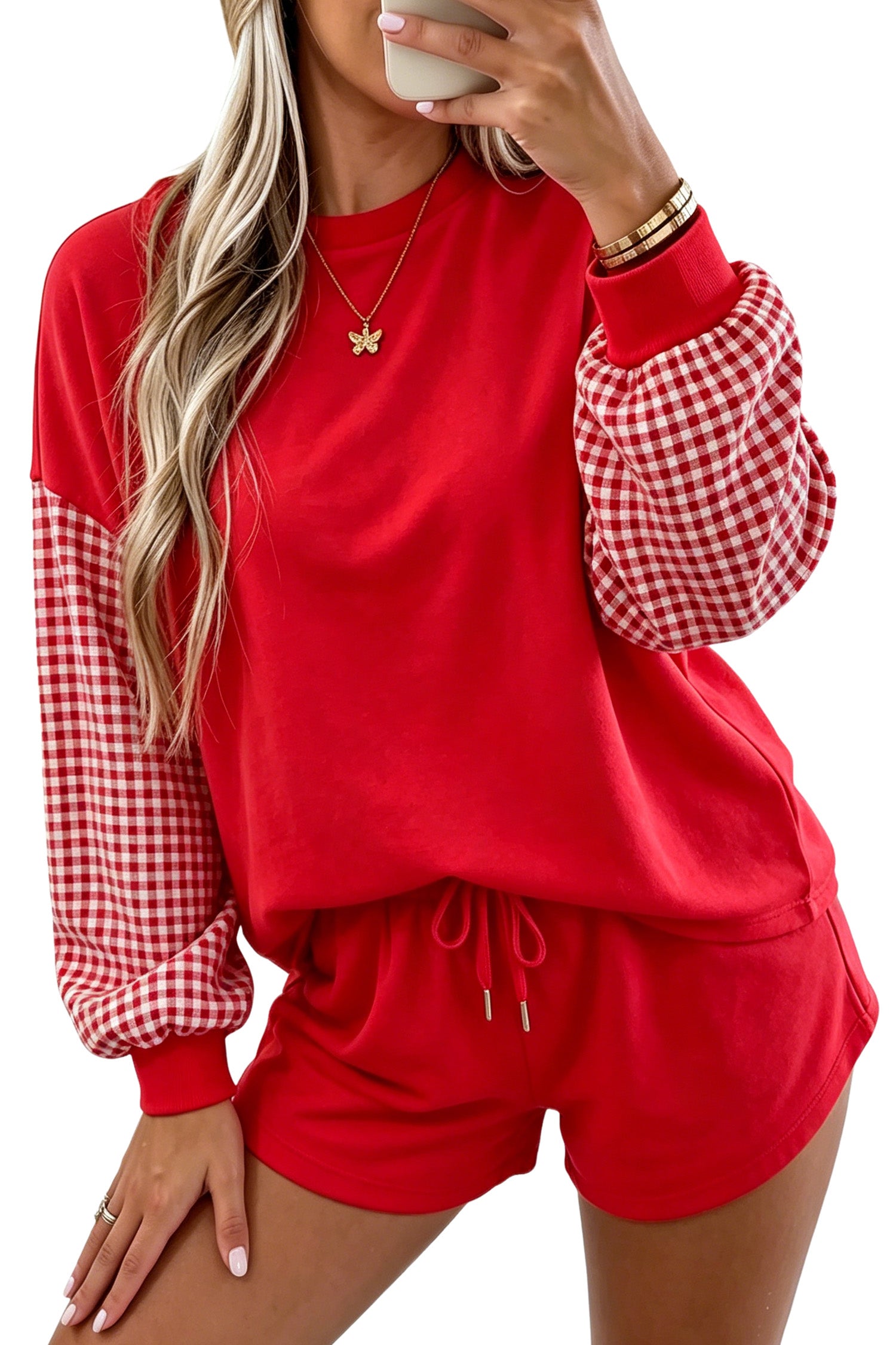 Red Plaid Patchwork Long Sleeve Top Solid Drawstring Shorts Set