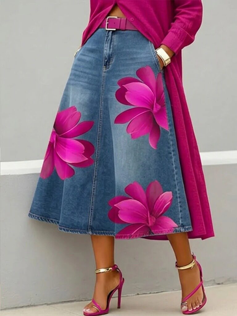 Women's Floral Print A-Line Midi Skirt – Denim-Style Boho Skirt FitiqueFit