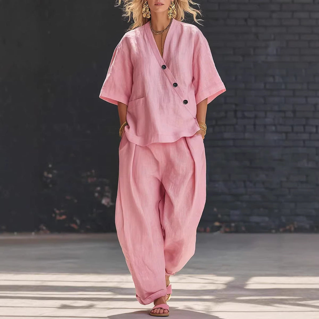 V-Neck Short Sleeve Top & High-Waist Trousers Two-Piece Set FitiqueFit