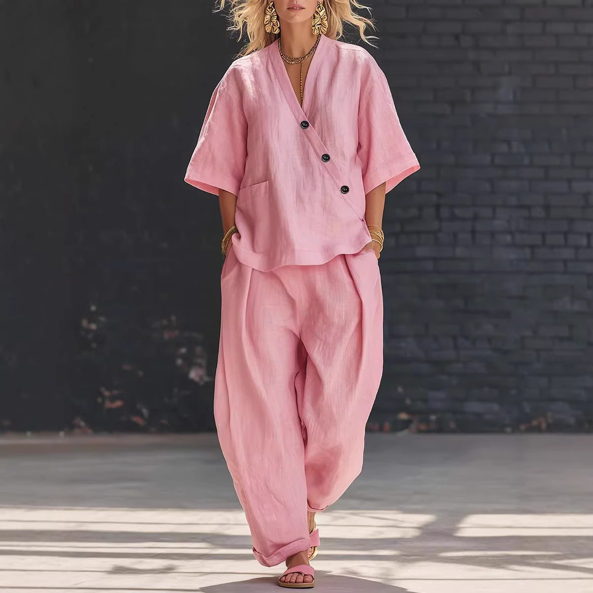 V-Neck Short Sleeve Top & High-Waist Trousers Two-Piece Set FitiqueFit