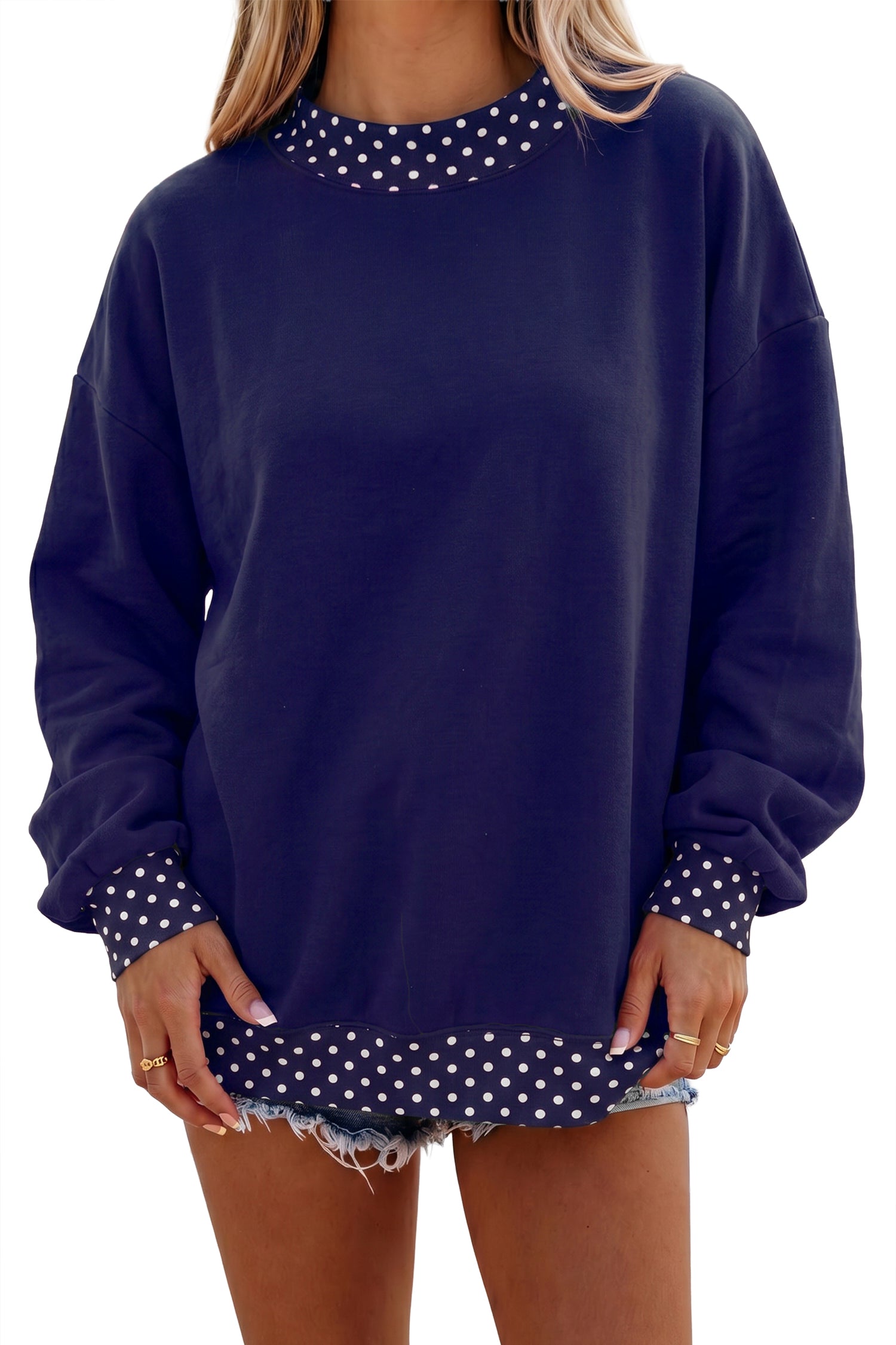 Brown Colorblock Polka Dot Contrast Trim Oversized Sweatshirt