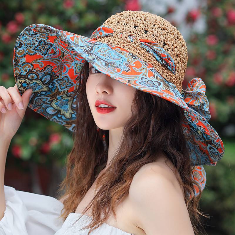 Women's Patterned Straw Beach Sun Hat – Round Crown UV Protection Summer Hat FitiqueFit