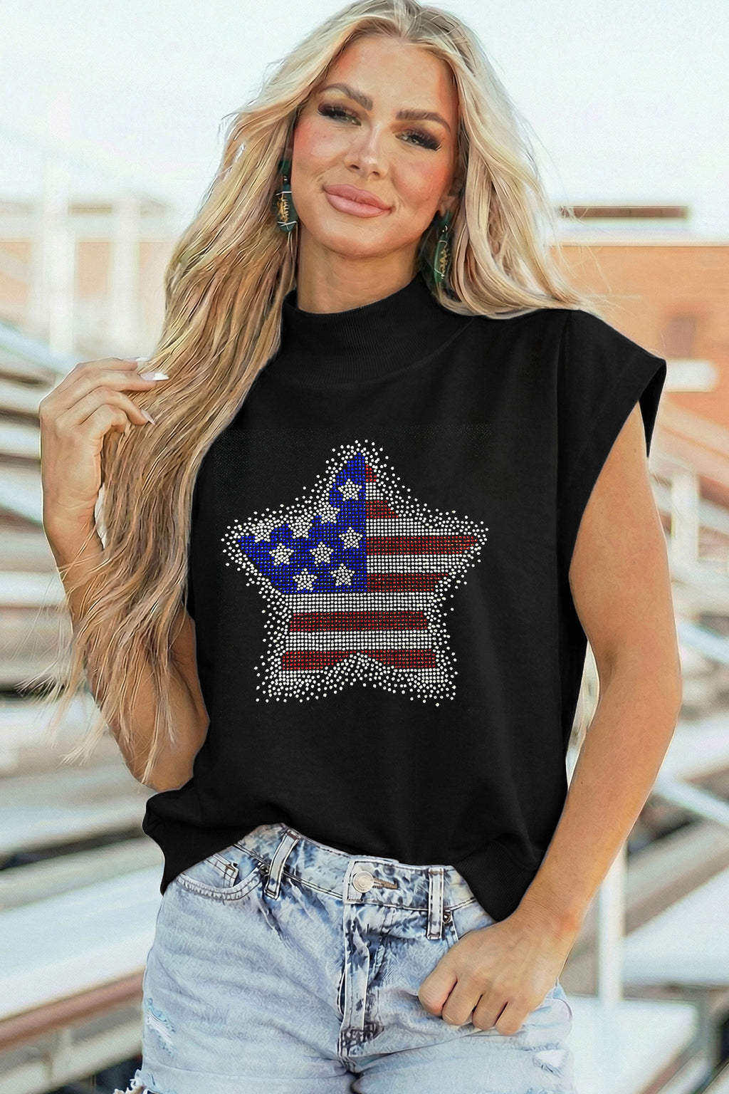 Black Patriotic Rhinestone Star High Neck Short Sleeve Top