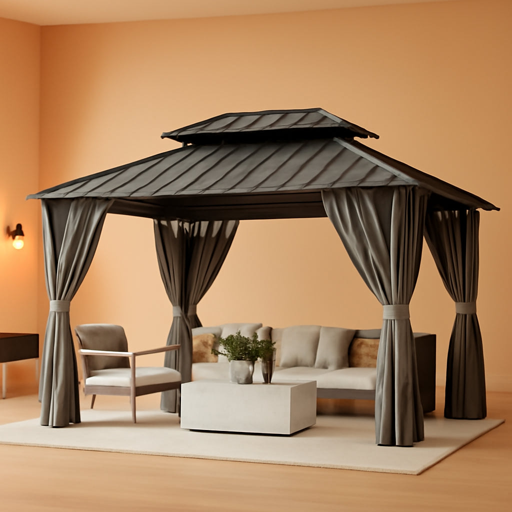 12x16 Ft Hardtop Aluminum Outdoor Patio Gazebo Curtains